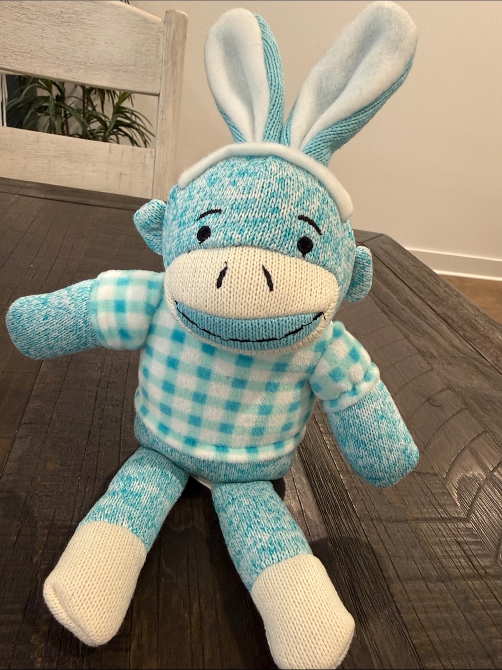Dan Dee Collector’s Choice Sock Monkey Bunny Ears Blue and White Soft 12” Plush
